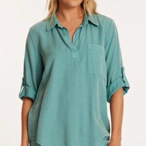 MODODOC Size X-Large Roll Tab Patch Pocket Tunic Aqua Blue Green Tencel Tunic